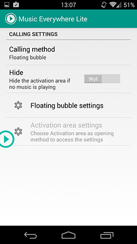 Music Everywhere Lite - wybór sposobu aktywacji okna