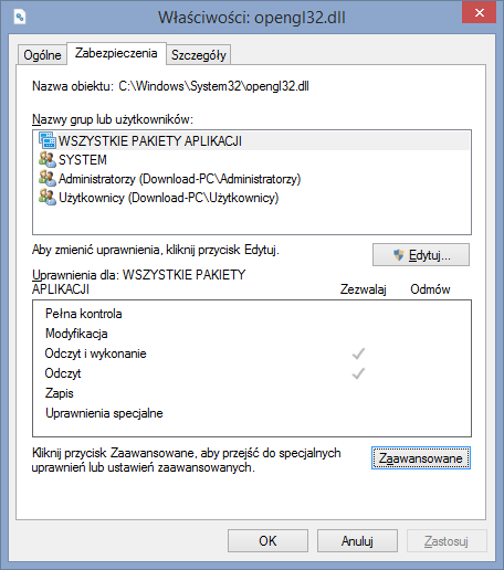 Właściwości zabezpieczeń pliku opengl32.dll
