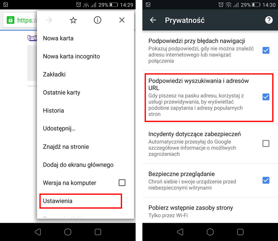 Wyłączanie podpowiedzi w Chrome (Android / iOS)