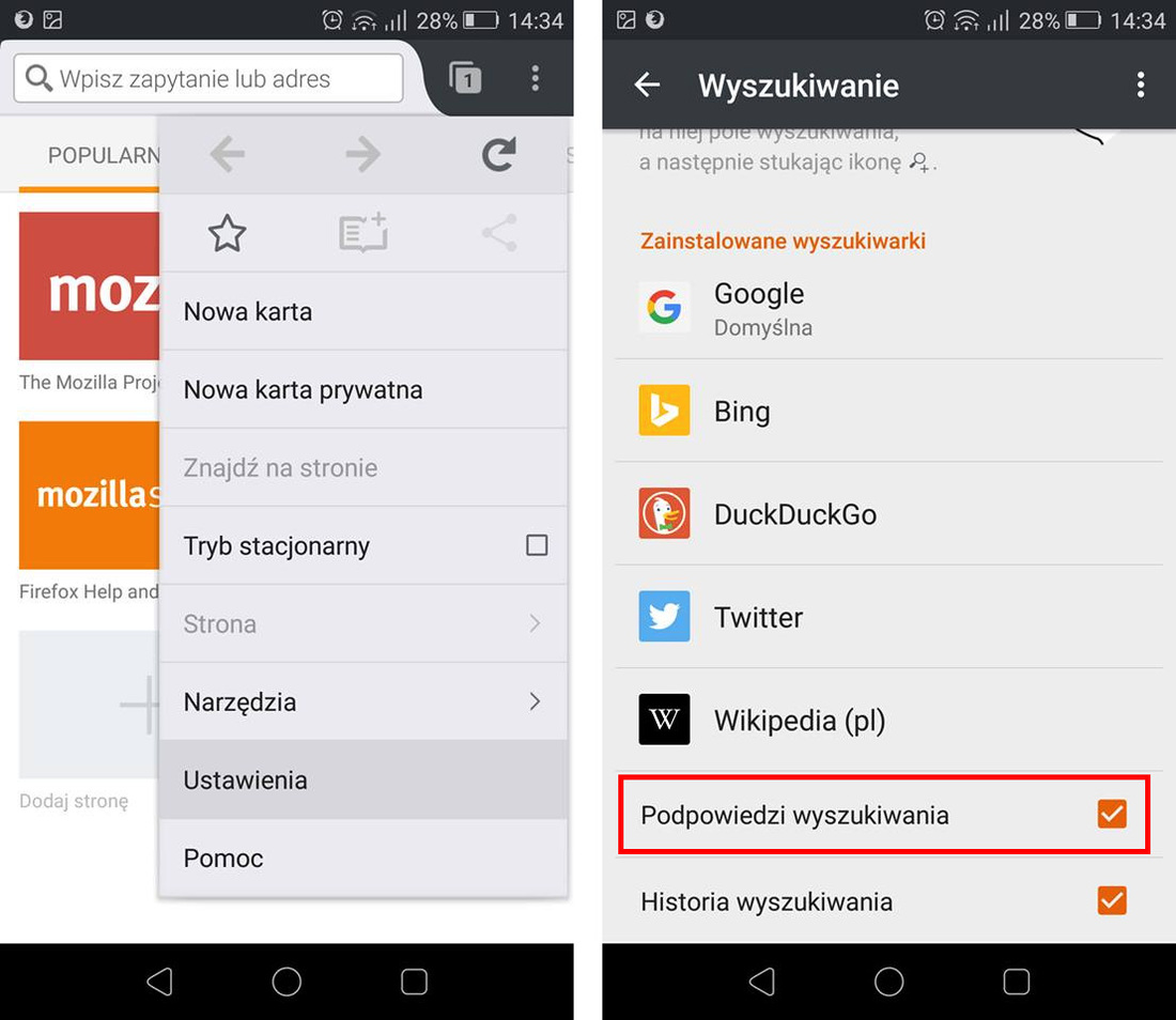 Wyłączanie podpowiedzi w Firefox (Android / iOS)