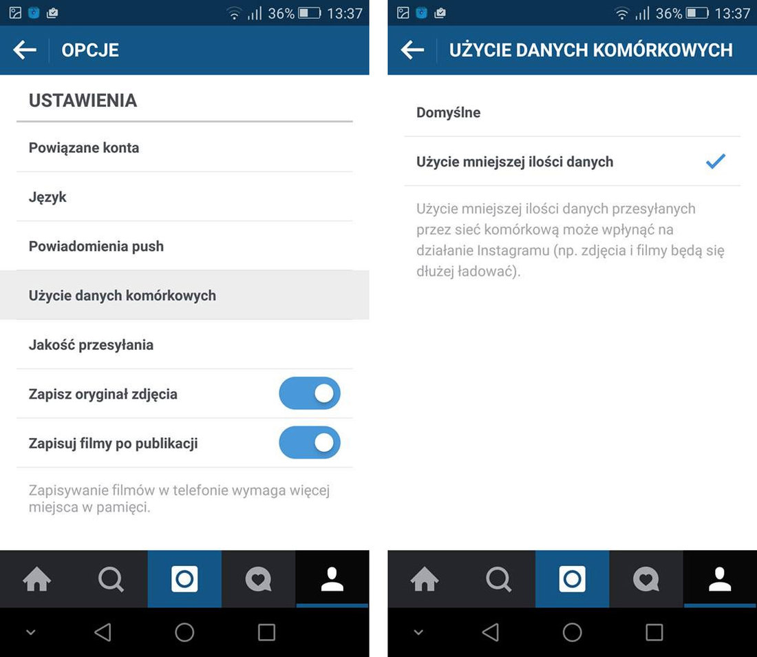 Instagram - ustawienie mniejszego zużycia danych przez opcje