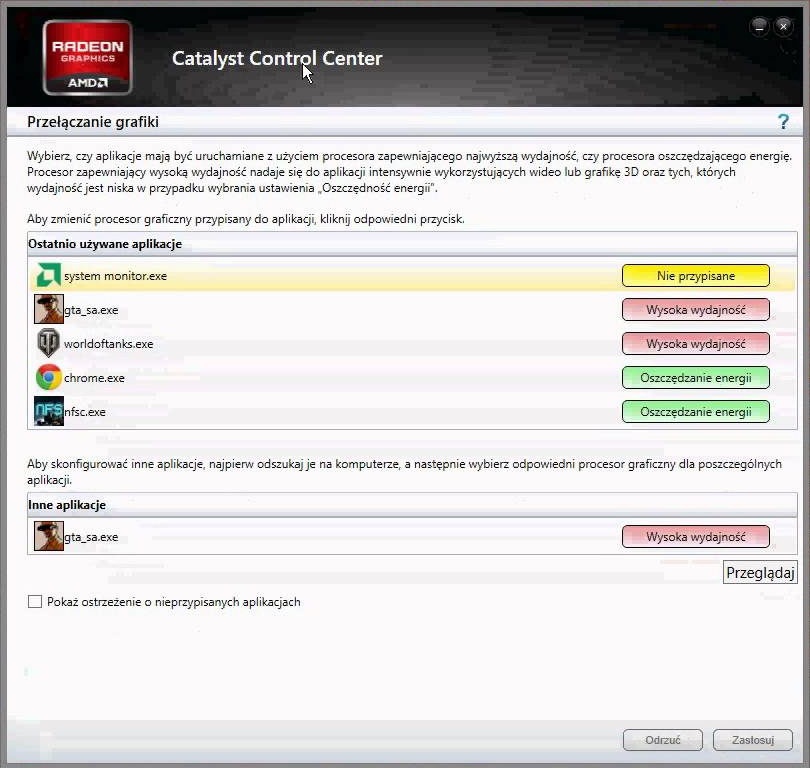 Przełączanie grafiki w Catalyst Control Center