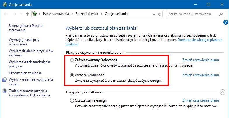 Plany zasilania w Windows 10