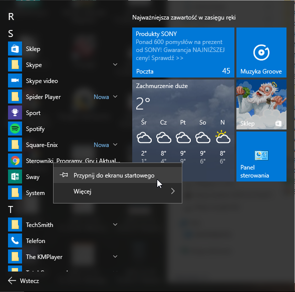 Skrót w menu Start