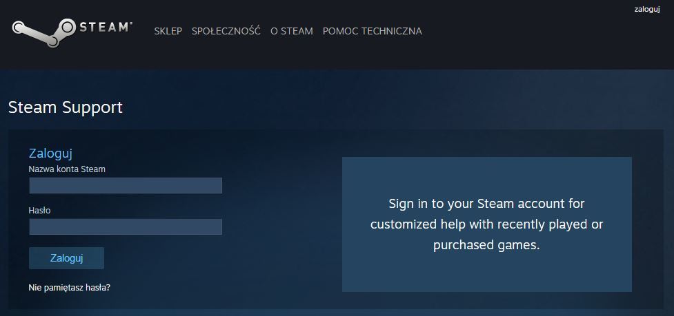 Steam - logowanie w Steam Support