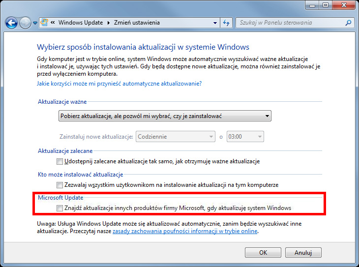 Wyłącz aktualizacje innych produktów firmy Microsoft