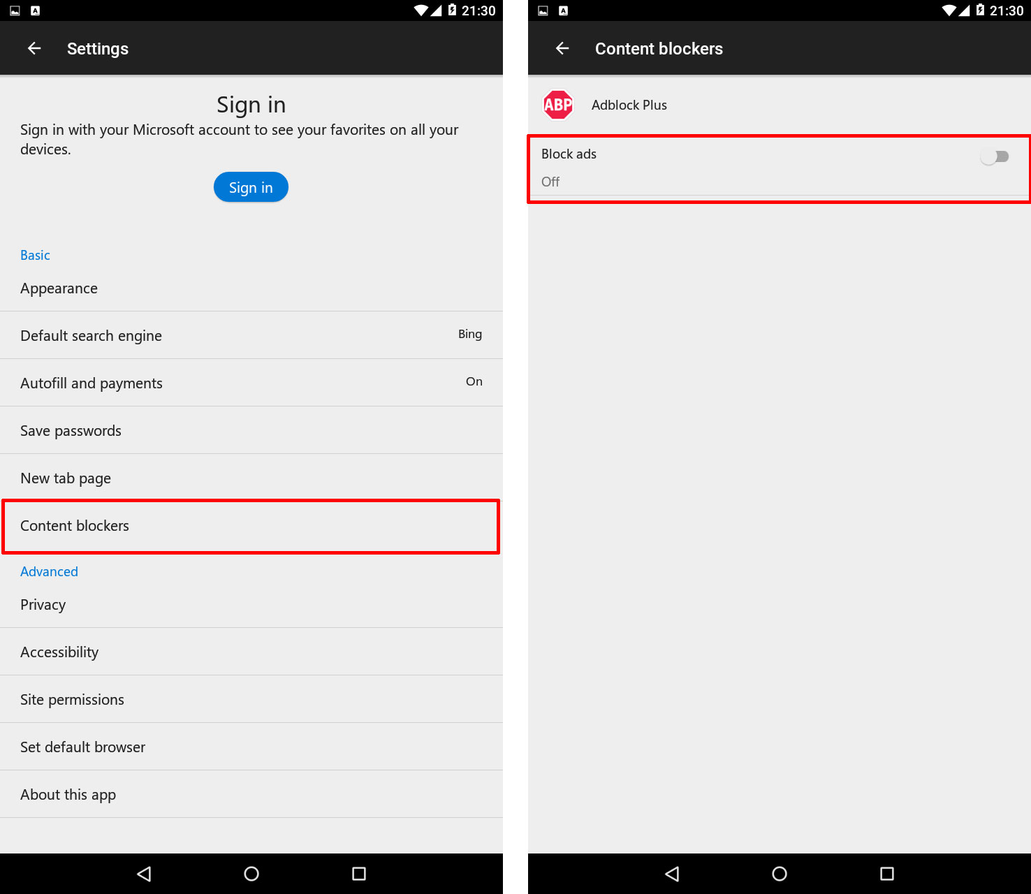 Edge - włącz AdBlocka w Androidzie