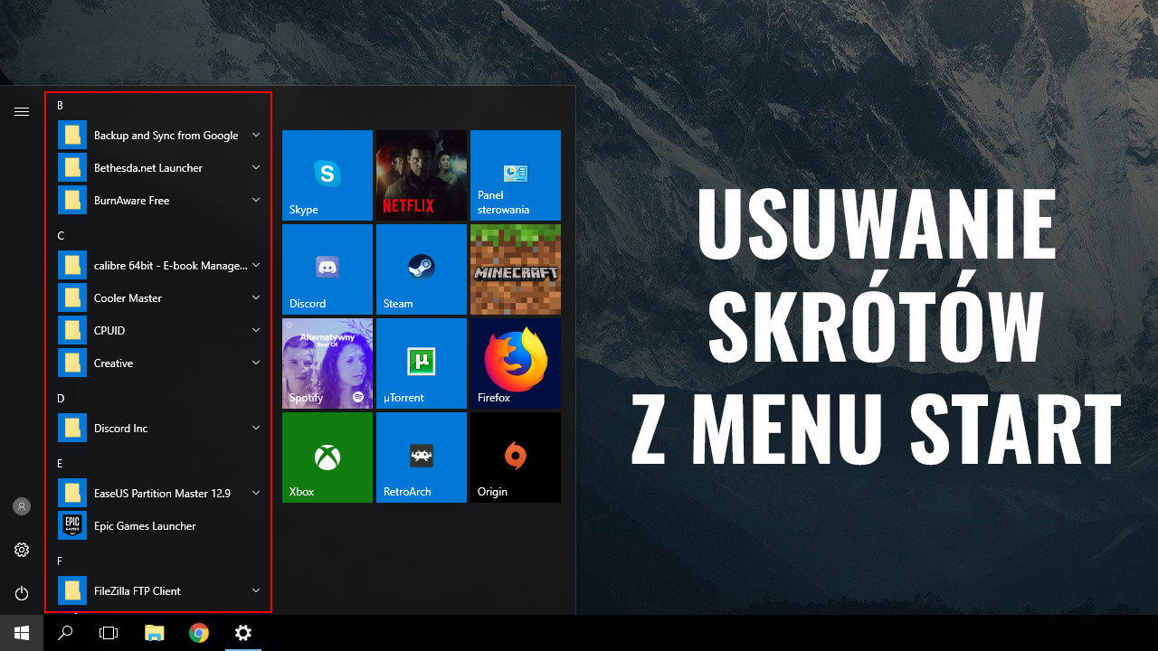 Usuwanie skrótów z menu Start w Windows 10