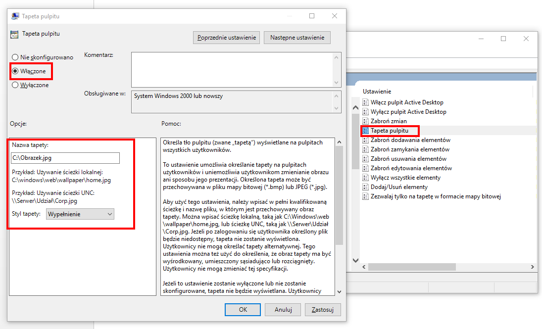 Ustawianie trwałej tapety Pulpitu