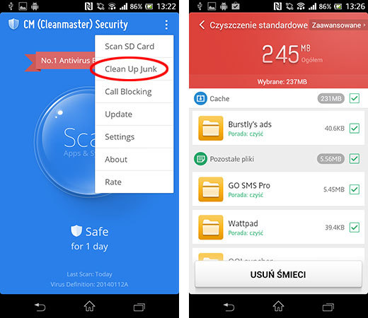 Usuwanie śmieci ze smartfona za pomocą Clean Master